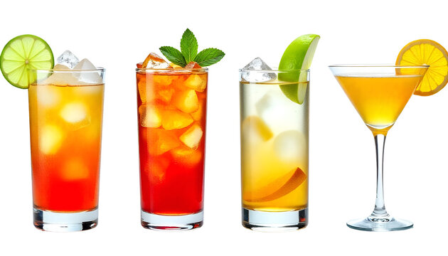 A vibrant assortment of four colorful fruit juices, each served in a glass and topped with fresh garnishes, beautifully isolated on a white background. Perfect for showcasing healthy, refreshing bever