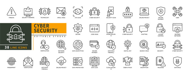 Minimalist ciber security line icon set with editable stroke, featuring threats, security warning, email virus, secure, code issue, data encription, verification, data leak, online, etc. illustration.