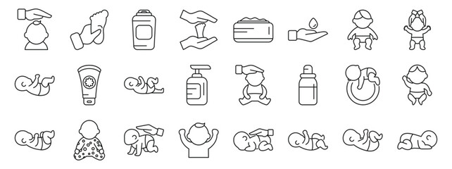 Baby massage icons set. Essential newborn care products and actions are depicted in these simple icons, highlighting hygiene, comfort, and nurturing touch