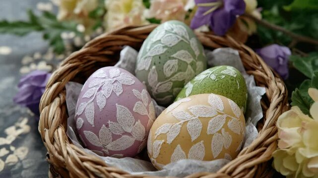 A basket filled with four intricately painted eggs, showcasing vibrant patterns and pastel colors, evoking the spirit of Easter celebrations.