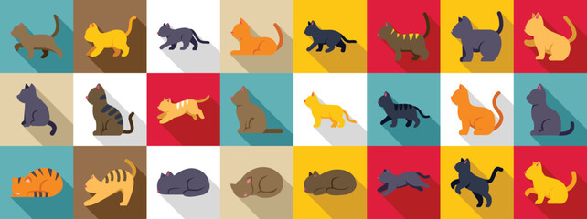 Behavior cat icons set. Adorable cats exhibiting various playful poses and activities, presented as a collection of colorful flat design icons