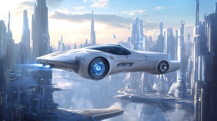 A futuristic flying car hovering above urban city skyline