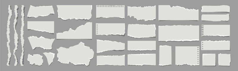 Realistic Torn Paper Scraps and Ripped Edges Collection on Transparent Background.Torn sheets of paper. Torn paper strips set