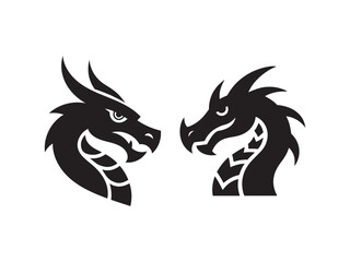  black dragon head silhouettes, facing each other, tribal style, detailed vector illustration, fierce mythical beast design