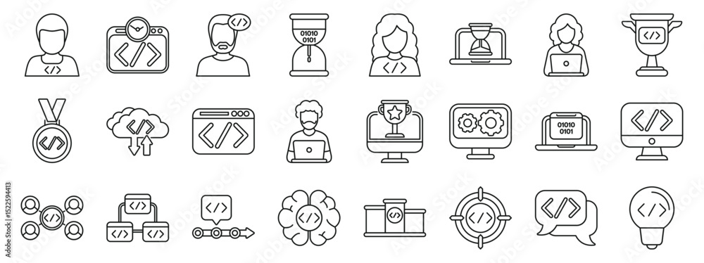 Poster hackathon icons set. icons depicting various aspects of software development, including coding, debu