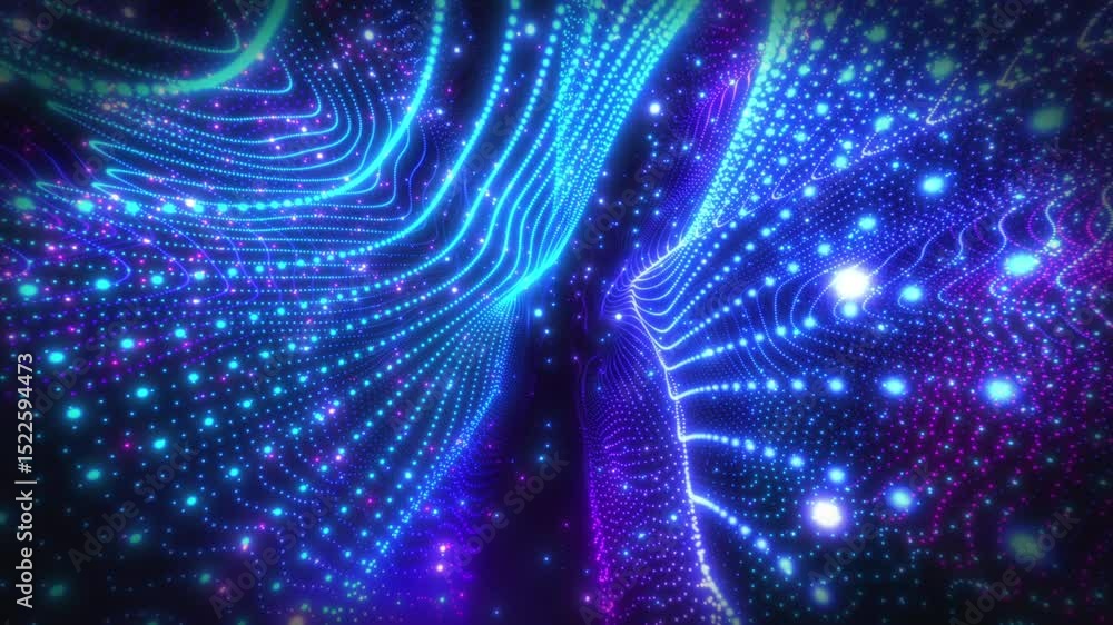 Poster colorful high-tech background with glowing particles, swirling surface of dots forming complex spira