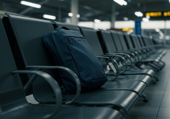 cinematic photo of a bag, backpack or duffel on an airport chair