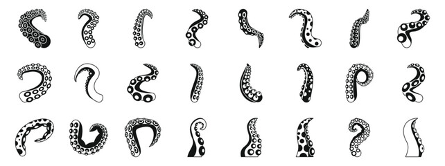 Octopus tentacle icons set. Set of octopus tentacles twisting and turning in various shapes, creating a dynamic and captivating underwater scene