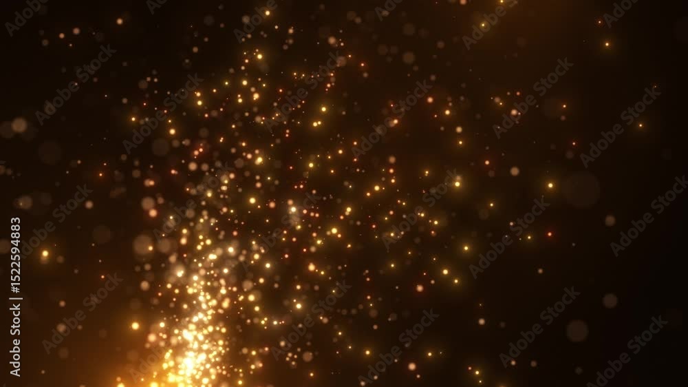 Poster magical golden particles animation concept for birthday and holiday celebration. 4k bokeh effect bac