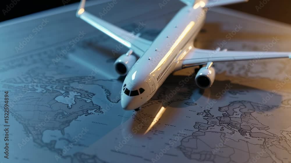 Aufkleber White toy airplane is standing on a world map under a moving light source, creating a dynamic play of light and shadow, symbolizing global travel and exploration