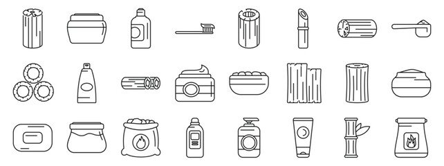 Bamboo charcoal icons set. Eco friendly beauty routine with bamboo charcoal products for skin care, hygiene, and body care, embracing sustainable living