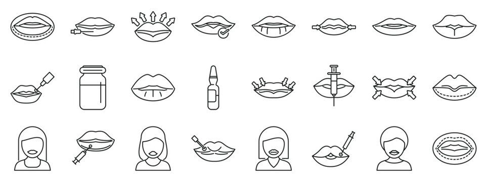 Lip injections icons set. Set of linear icons representing lip augmentation, showcasing various techniques and tools used in cosmetic procedures for achieving fuller and more defined lips