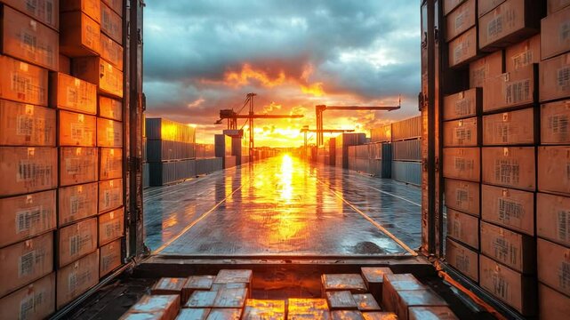 A view from inside a shipping container filled with stacked boxes. The sunset casts a warm glow through the open door, illuminating the scene.