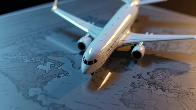 White toy airplane is standing on a world map under a moving light source, creating a dynamic play of light and shadow, symbolizing global travel and exploration