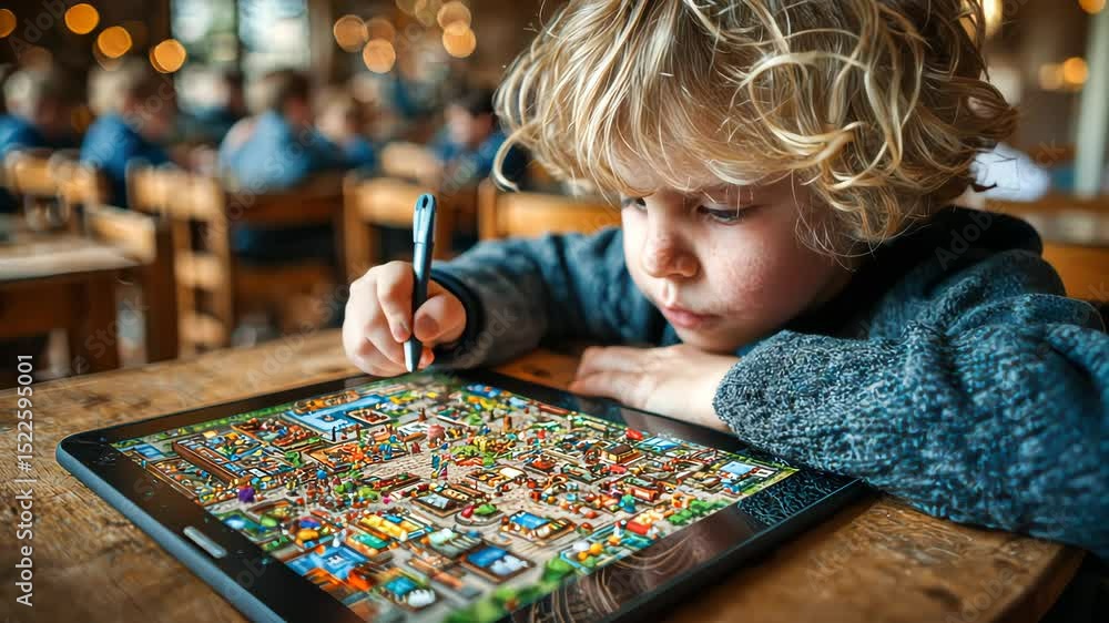 Poster young child concentrating on a tablet while using a stylus, engaging in a colorful interactive learn