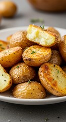 Close up shot of a plate of roasted baby potatoes garnished with rosemary on a white plate