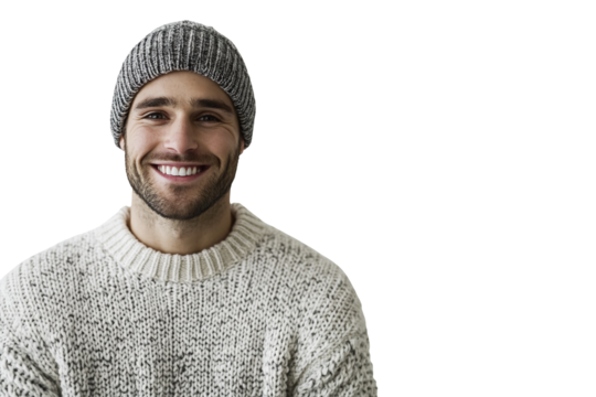 Portrait of a man in a winter sweater and beanie texting with a warm smile, isolated against on PNG transparent and white background. Perfect for lifestyle, seasonal, technology, social media, and com