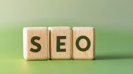 Wooden blocks displaying the letters S, E, and O are arranged on a green surface with a gradient background. - Powered by Adobe