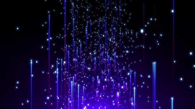 Abstract digital background with glowing neon particles flying upwards, bright dust. motion of flow of glowing bright particle lines. connection visualization. Seamless loop abstract background