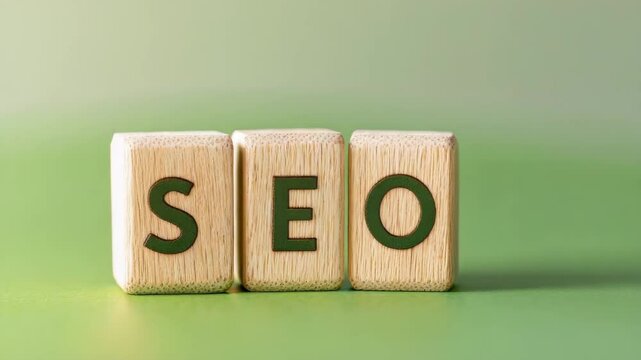 Wooden blocks displaying the letters S, E, and O are arranged on a green surface with a gradient background.