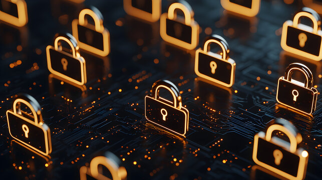 Multiple digital padlocks glowing on a circuit board symbolize cybersecurity and data protection in a high-tech environment.