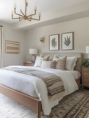 A Scandinavian-style bedroom with a neutral color palette, clean lines, and soft textiles