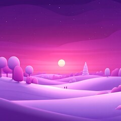 Beautiful purple landscape with trees a rising sun and a night sky