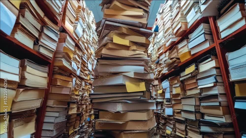 Poster overhead view of bookshelves filled with stacked books and papers, indicative of a well-organized an