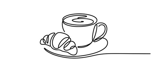 Single Line Drawing of Coffee Cup and Croissant