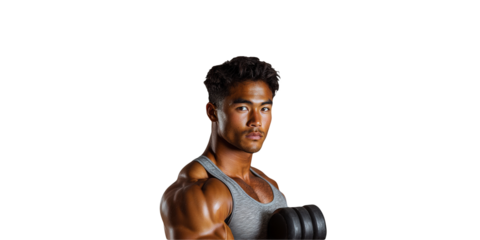 Muscular Man Holding Dumbbell In Gym Attire. Strength Training And Fitness Motivation Isolated On Transparent Background