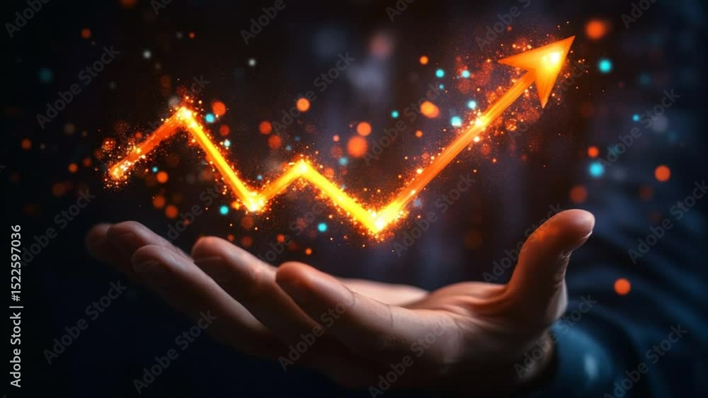 Poster conceptual sparking growth: a hand presents a glowing arrow chart ascending dynamically