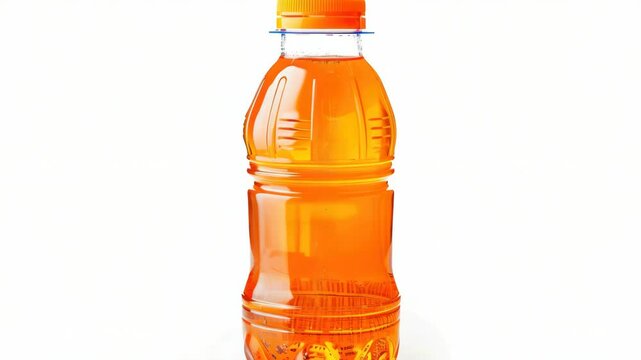 A clear bottle of orange Gatorade with blue label and white cap, sitting on a plain background. Popular sports drink for hydration and energy.
