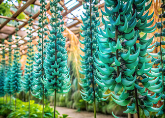 A field of Jade Vine flowers cascading over trellises in a tropical greenhouse generative ai