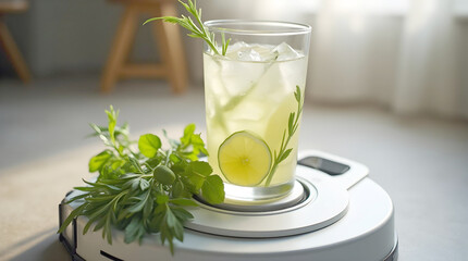 Fototapeta premium A vibrant citrus cocktail, garnished with a lime slice and fresh herbs, sits on a white robot vacuum in a sunlit room, suggesting a refreshing break