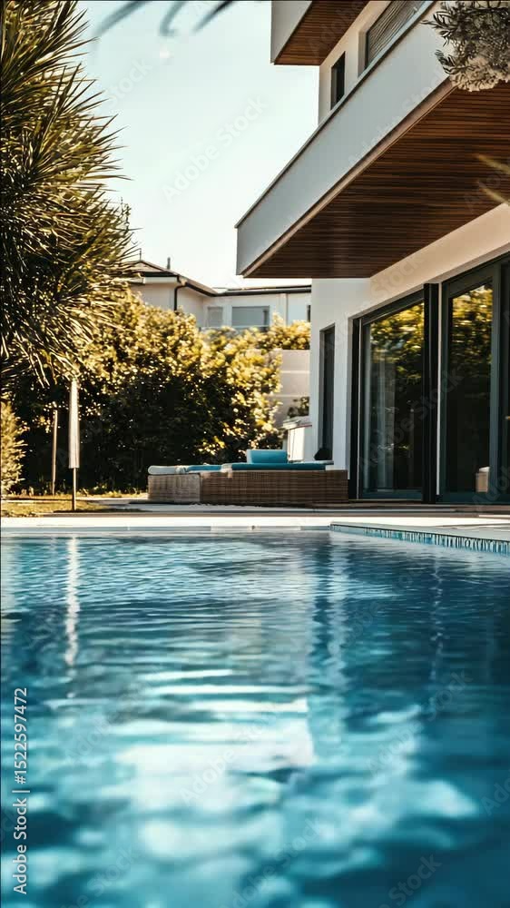 Poster a pool with a house in the background. the pool is surrounded by trees and has a patio area with a b