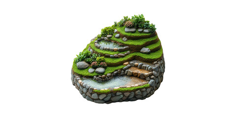 Miniature Terraced Garden With Water Features And Lush Greenery. Landscape Design Inspiration Isolated On Transparent Background