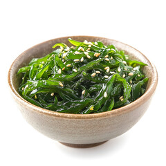 Close-Up of Green Seaweed Salad Topped with Toasted Sesame