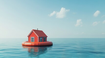 Floating house on raft in calm water