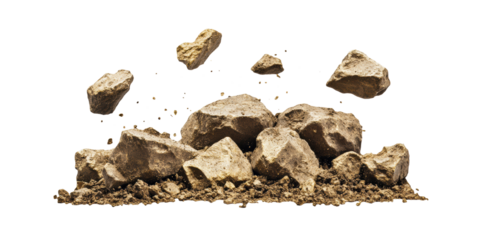Rocks And Soil In Mid-Air. Concept Of Construction And Earth Movement Isolated On Transparent Background