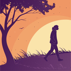 "Silhouette of a Boy walking Beside a Tree – Emotional Nature Vector"
