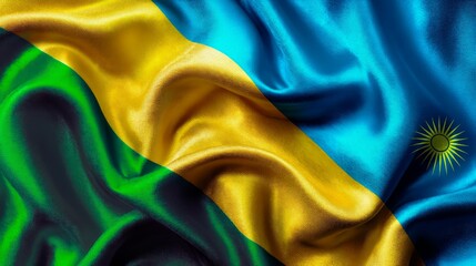 Waving silk flag of Rwanda celebrating independence on a bright day