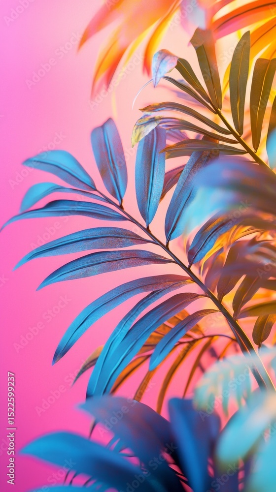 Poster Vibrant tropical and palm leaves create a bold visual display against a colorful background