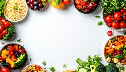 Colorful vegetables and grains in bowls frame white space