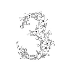 Number 3 with creepers and flowers on it, Doodle Illustration &ndash; Hand-Drawn Black and White Line Art on Transparent Background