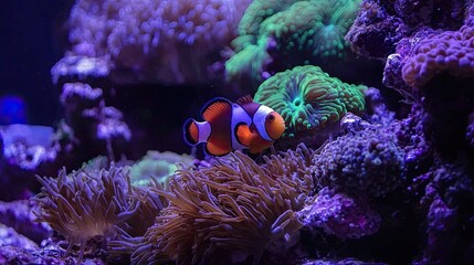 Vibrant coral reef aquarium scene with a clownfish.