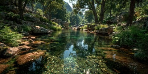 Naklejka premium Serene river flowing through lush green forest under bright sunlight in a tranquil natural setting