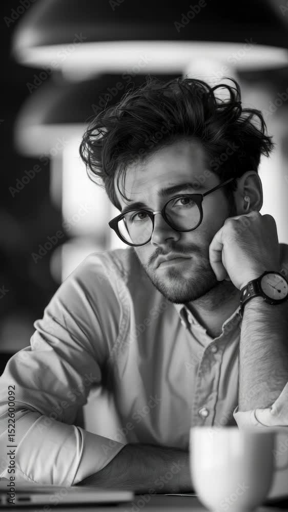 Poster a man with glasses is sitting at a table with a cup of coffee. he is deep in thought, possibly conte