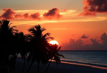 Silhouetted palm trees at sunset, Punta Cana beach  ,   horizon,  silhouette