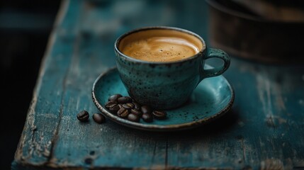 Rich espresso in a teal ceramic cup on a rustic wooden table.