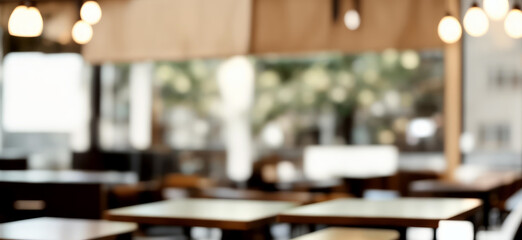 Blurred interior of a restaurant with tables chairs and light fixtures with a cozy ambiance, modern furnishings, and soft warm lighting in a relaxed urban setting.